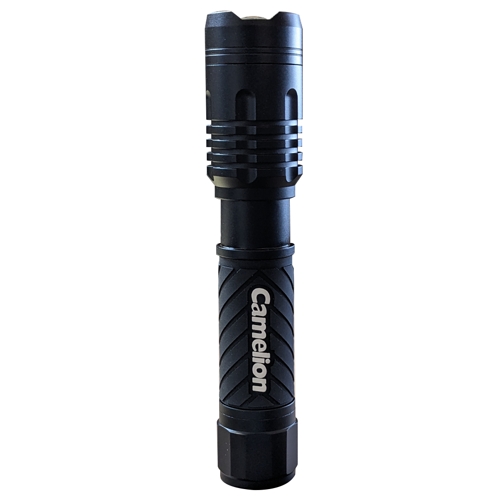 Camelion T258 1000LM LED Flashlight showcasing its durable aluminum body and adjustable focus beam.